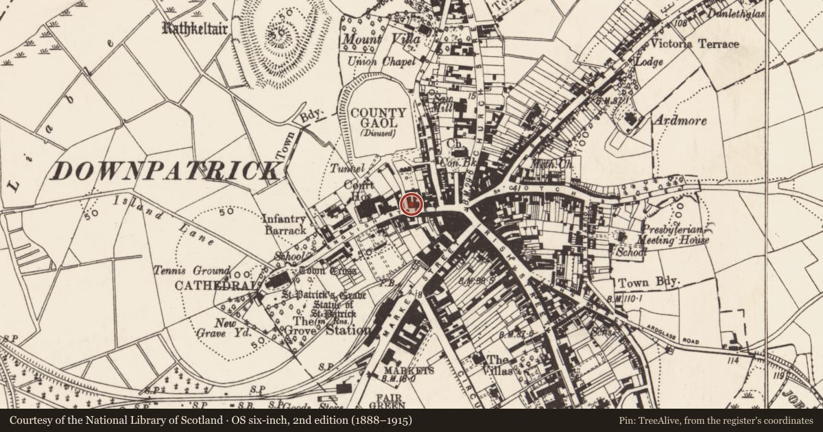 Ordnance Survey six-inch map, 2nd edition (1888–1915) covering the location of 13 English St., Newry, Mourne and Down, with a pin at the register's coordinates