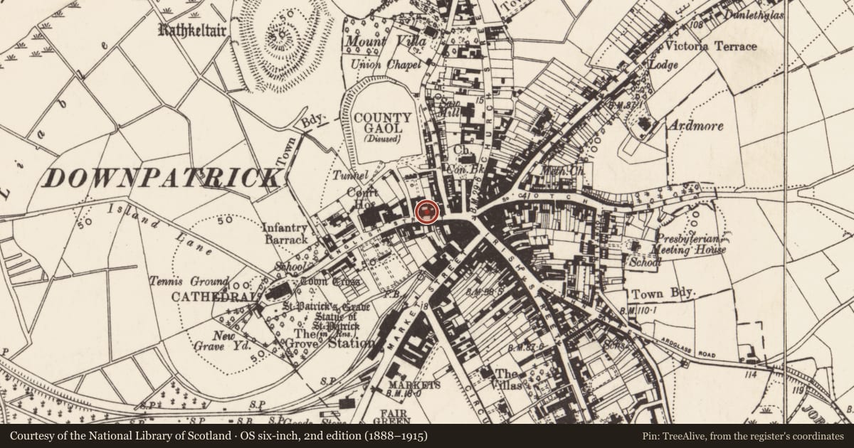 Ordnance Survey six-inch map, 2nd edition (1888–1915) covering the location of 11 English St., Newry, Mourne and Down, with a pin at the register's coordinates