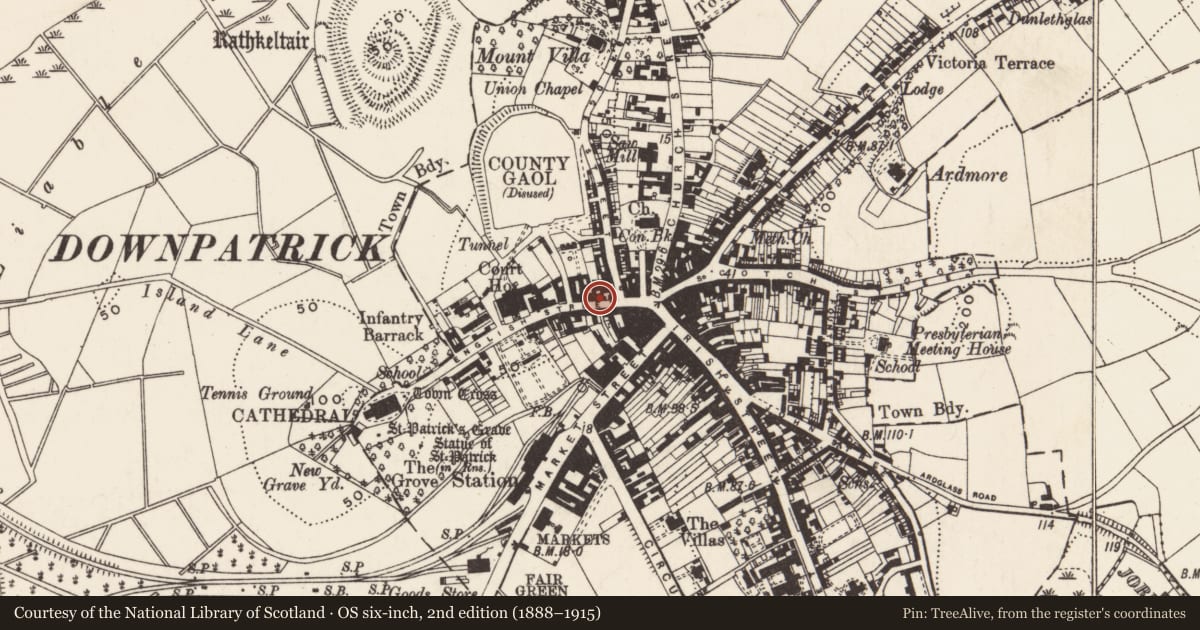 Ordnance Survey six-inch map, 2nd edition (1888–1915) covering the location of 9 English St., Newry, Mourne and Down, with a pin at the register's coordinates