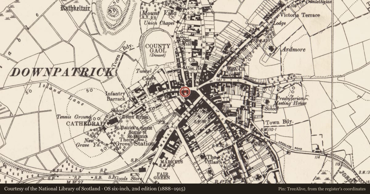 Ordnance Survey six-inch map, 2nd edition (1888–1915) covering the location of Denvir'S Hotel, Newry, Mourne and Down, with a pin at the register's coordinates