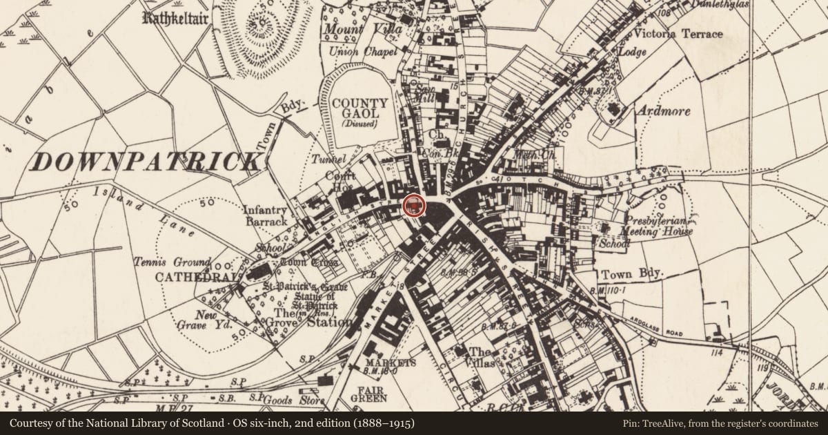 Ordnance Survey six-inch map, 2nd edition (1888–1915) covering the location of 18 English St., Newry, Mourne and Down, with a pin at the register's coordinates