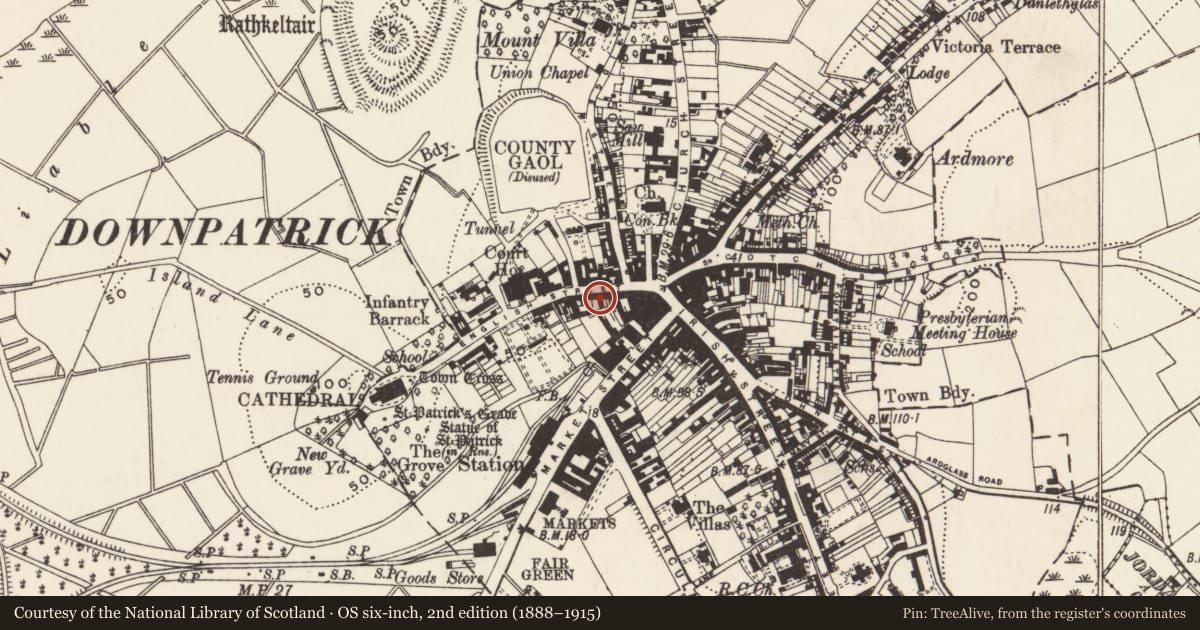 Ordnance Survey six-inch map, 2nd edition (1888–1915) covering the location of 22 English St., Newry, Mourne and Down, with a pin at the register's coordinates