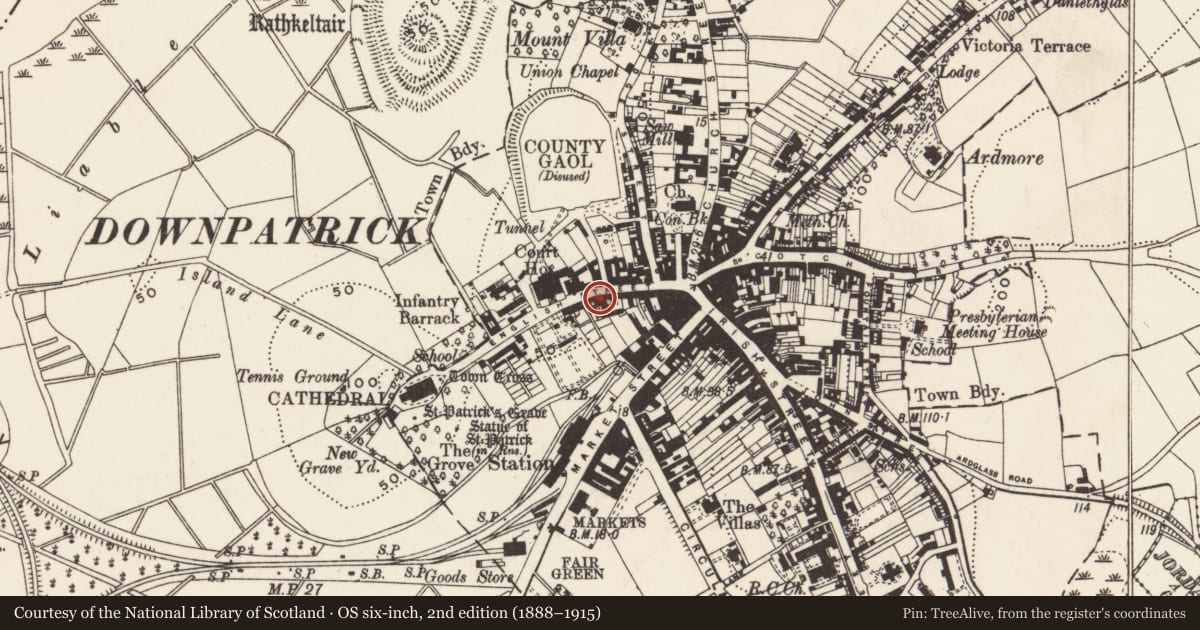 Ordnance Survey six-inch map, 2nd edition (1888–1915) covering the location of 28 English St., Newry, Mourne and Down, with a pin at the register's coordinates