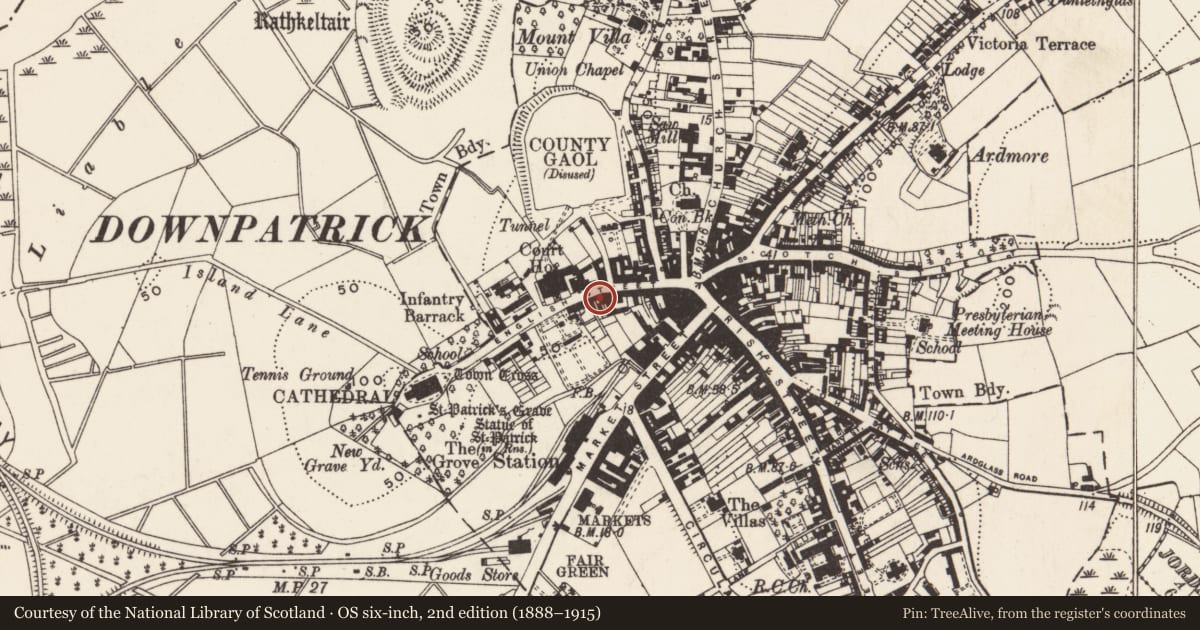 Ordnance Survey six-inch map, 2nd edition (1888–1915) covering the location of 30 English St., Newry, Mourne and Down, with a pin at the register's coordinates