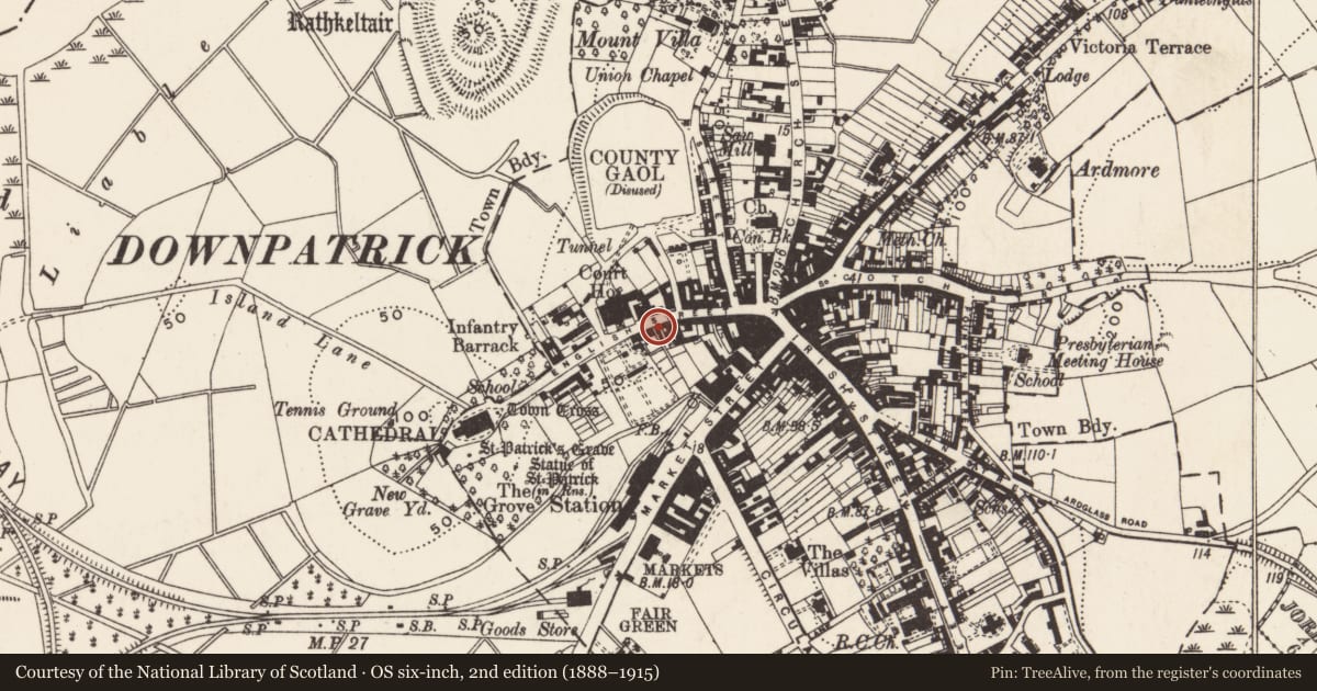 Ordnance Survey six-inch map, 2nd edition (1888–1915) covering the location of 32 English St., Newry, Mourne and Down, with a pin at the register's coordinates