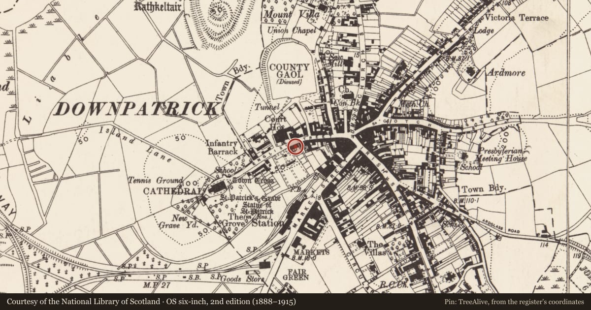Ordnance Survey six-inch map, 2nd edition (1888–1915) covering the location of 36 English St, Newry, Mourne and Down, with a pin at the register's coordinates