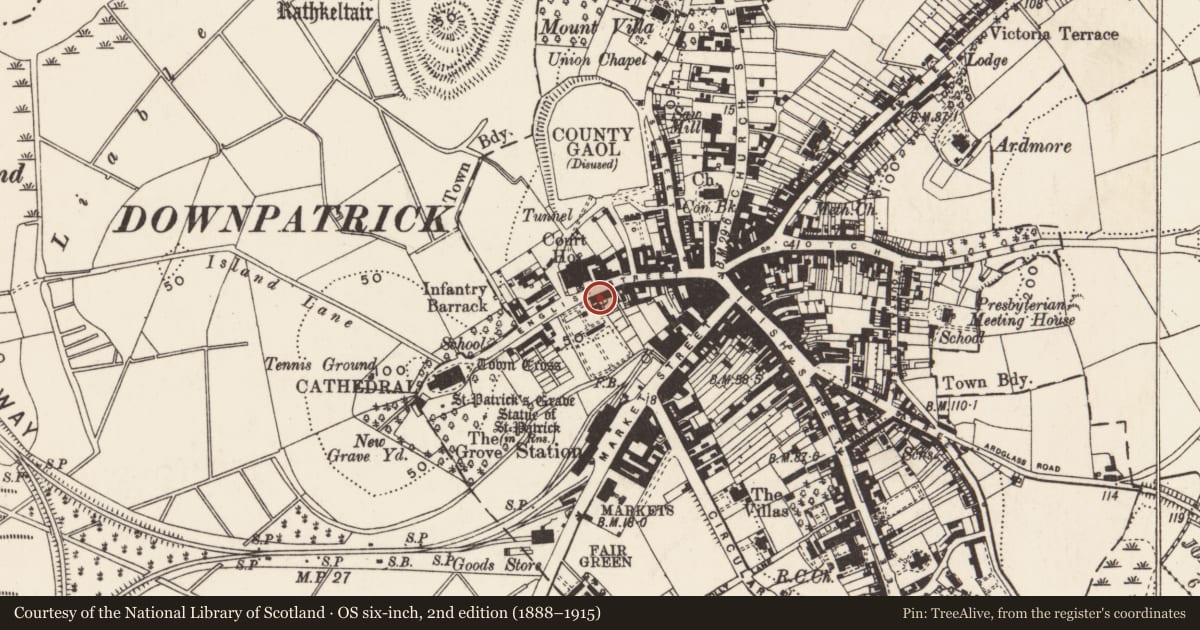 Ordnance Survey six-inch map, 2nd edition (1888–1915) covering the location of 38 English St, Newry, Mourne and Down, with a pin at the register's coordinates