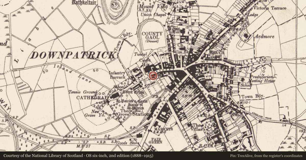 Ordnance Survey six-inch map, 2nd edition (1888–1915) covering the location of 40 English St., Newry, Mourne and Down, with a pin at the register's coordinates