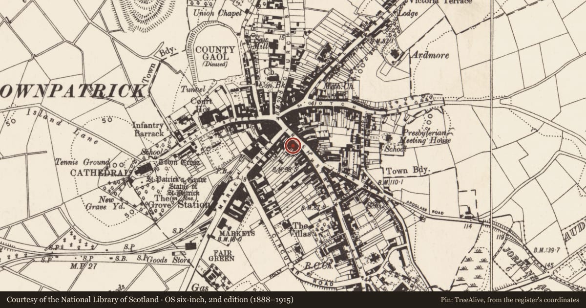 Ordnance Survey six-inch map, 2nd edition (1888–1915) covering the location of Horse And Hound Bar, Newry, Mourne and Down, with a pin at the register's coordinates