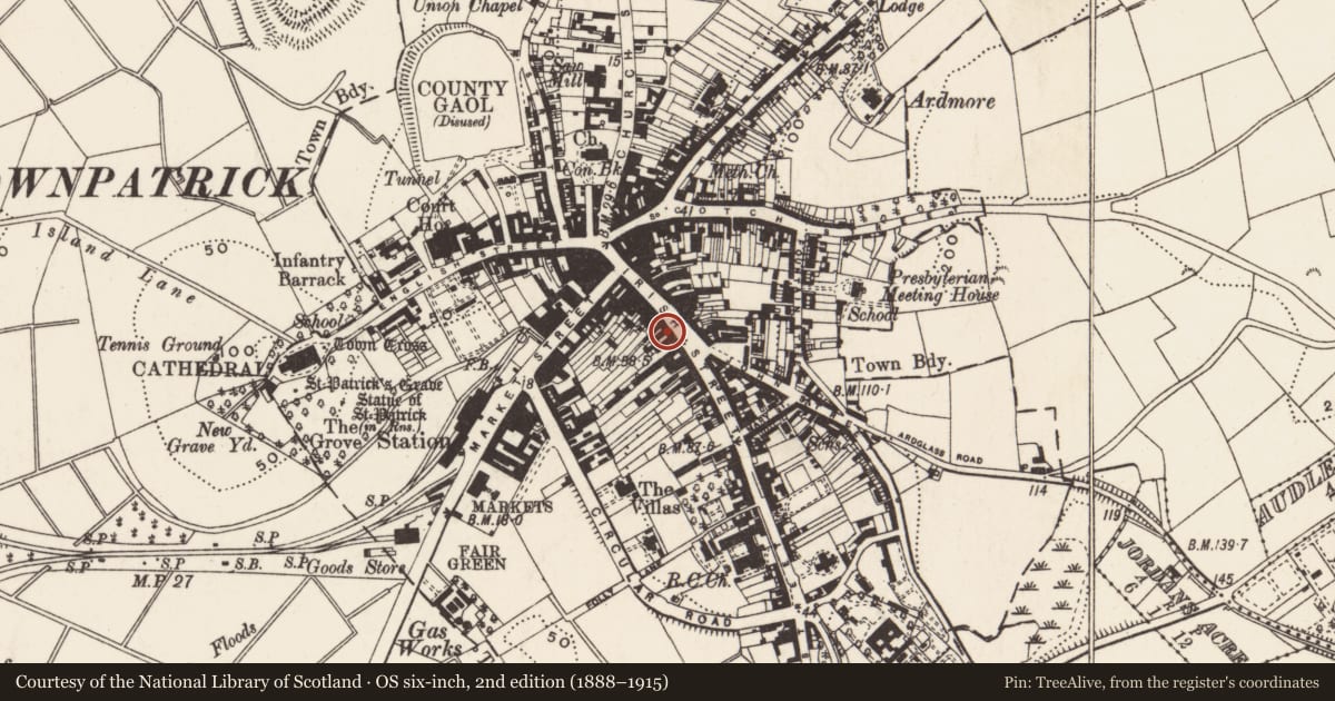Ordnance Survey six-inch map, 2nd edition (1888–1915) covering the location of 39 Irish St., Newry, Mourne and Down, with a pin at the register's coordinates