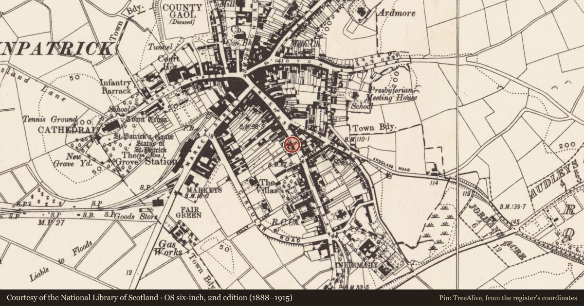Ordnance Survey six-inch map, 2nd edition (1888–1915) covering the location of 71 Irish St., Newry, Mourne and Down, with a pin at the register's coordinates