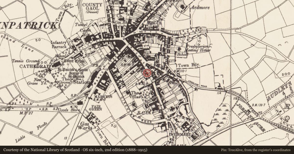 Ordnance Survey six-inch map, 2nd edition (1888–1915) covering the location of 69 Irish St., Newry, Mourne and Down, with a pin at the register's coordinates