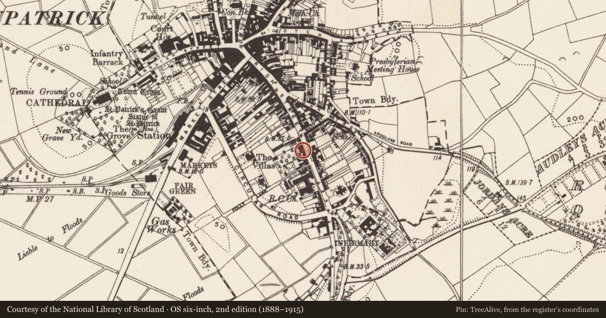 Ordnance Survey six-inch map, 2nd edition (1888–1915) covering the location of 95 Irish St., Newry, Mourne and Down, with a pin at the register's coordinates