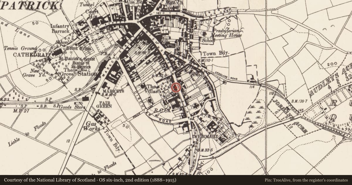 Ordnance Survey six-inch map, 2nd edition (1888–1915) covering the location of 97 Irish St., Newry, Mourne and Down, with a pin at the register's coordinates