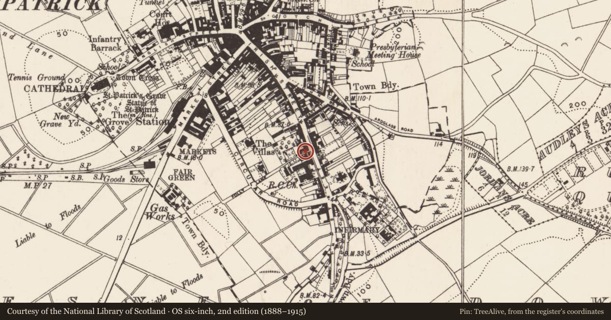 Ordnance Survey six-inch map, 2nd edition (1888–1915) covering the location of 99 Irish St., Newry, Mourne and Down, with a pin at the register's coordinates