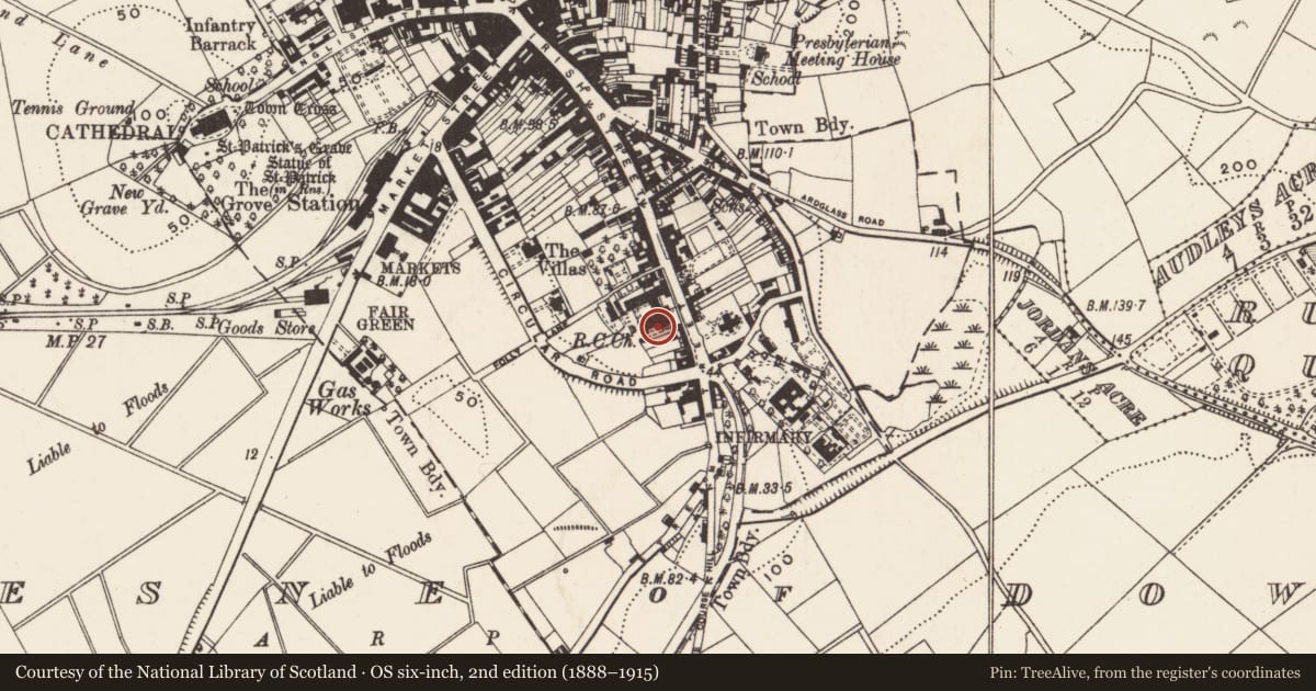 Ordnance Survey six-inch map, 2nd edition (1888–1915) covering the location of St. Patrick'S R C CHURCH, Newry, Mourne and Down, with a pin at the register's coordinates