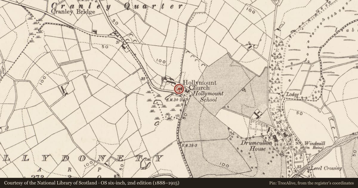 Ordnance Survey six-inch map, 2nd edition (1888–1915) covering the location of Hollymount Church, Newry, Mourne and Down, with a pin at the register's coordinates