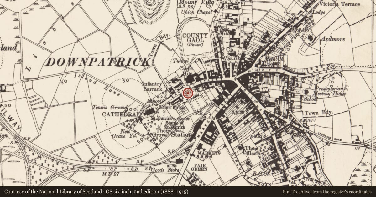 Ordnance Survey six-inch map, 2nd edition (1888–1915) covering the location of Masonic Hall, Newry, Mourne and Down, with a pin at the register's coordinates