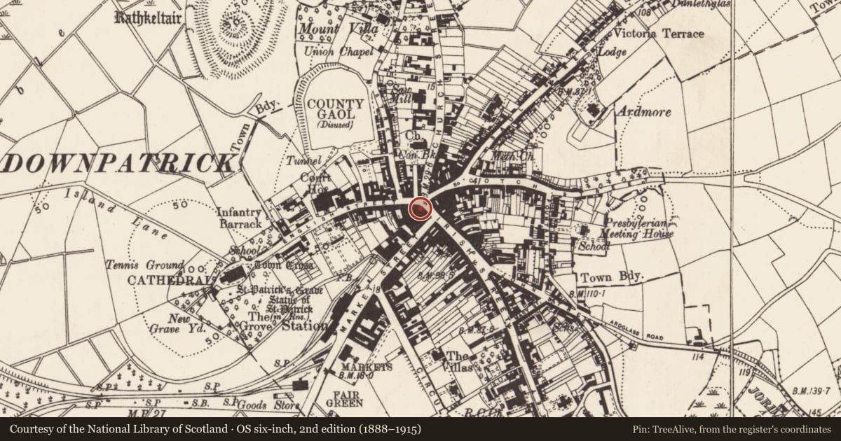 Ordnance Survey six-inch map, 2nd edition (1888–1915) covering the location of 2 English St., Newry, Mourne and Down, with a pin at the register's coordinates