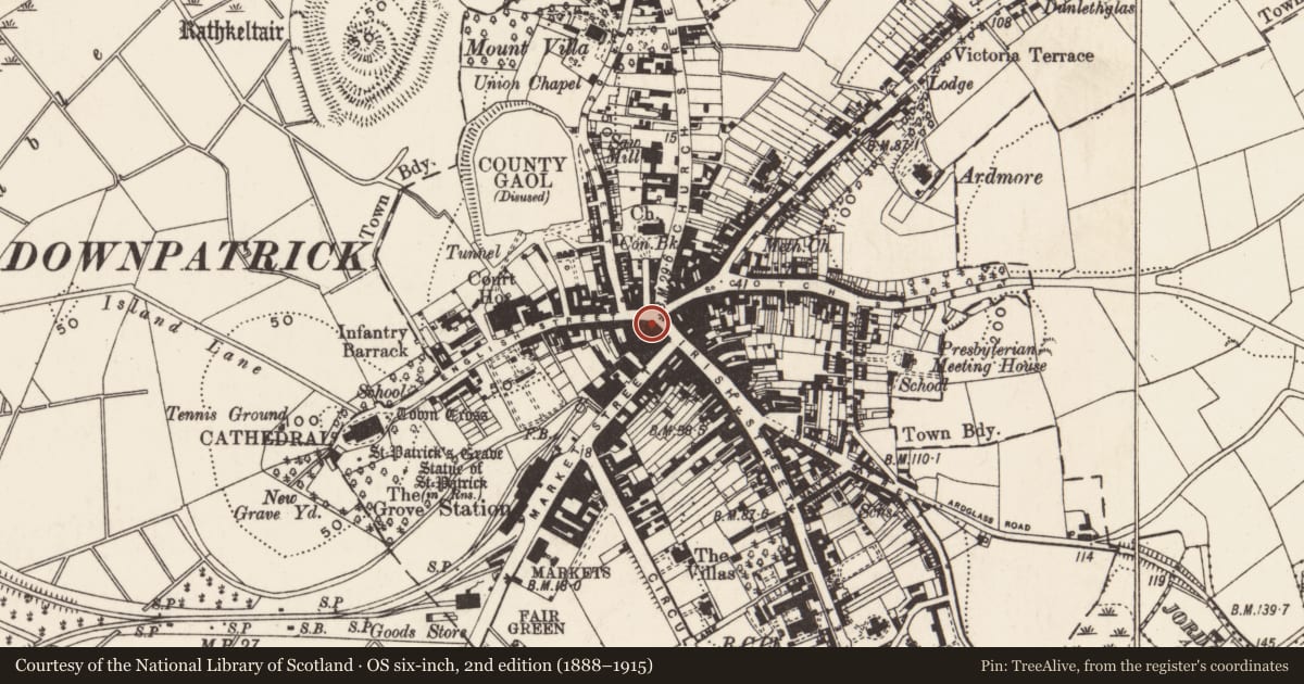 Ordnance Survey six-inch map, 2nd edition (1888–1915) covering the location of 4 English St., Newry, Mourne and Down, with a pin at the register's coordinates