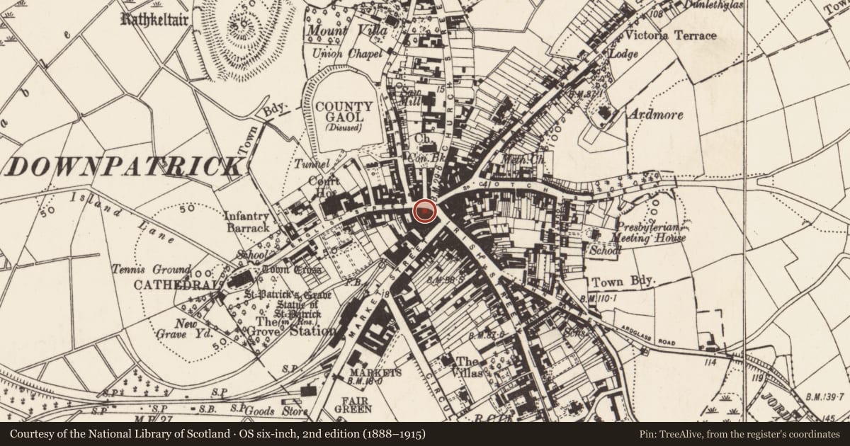 Ordnance Survey six-inch map, 2nd edition (1888–1915) covering the location of 6 English St., Newry, Mourne and Down, with a pin at the register's coordinates