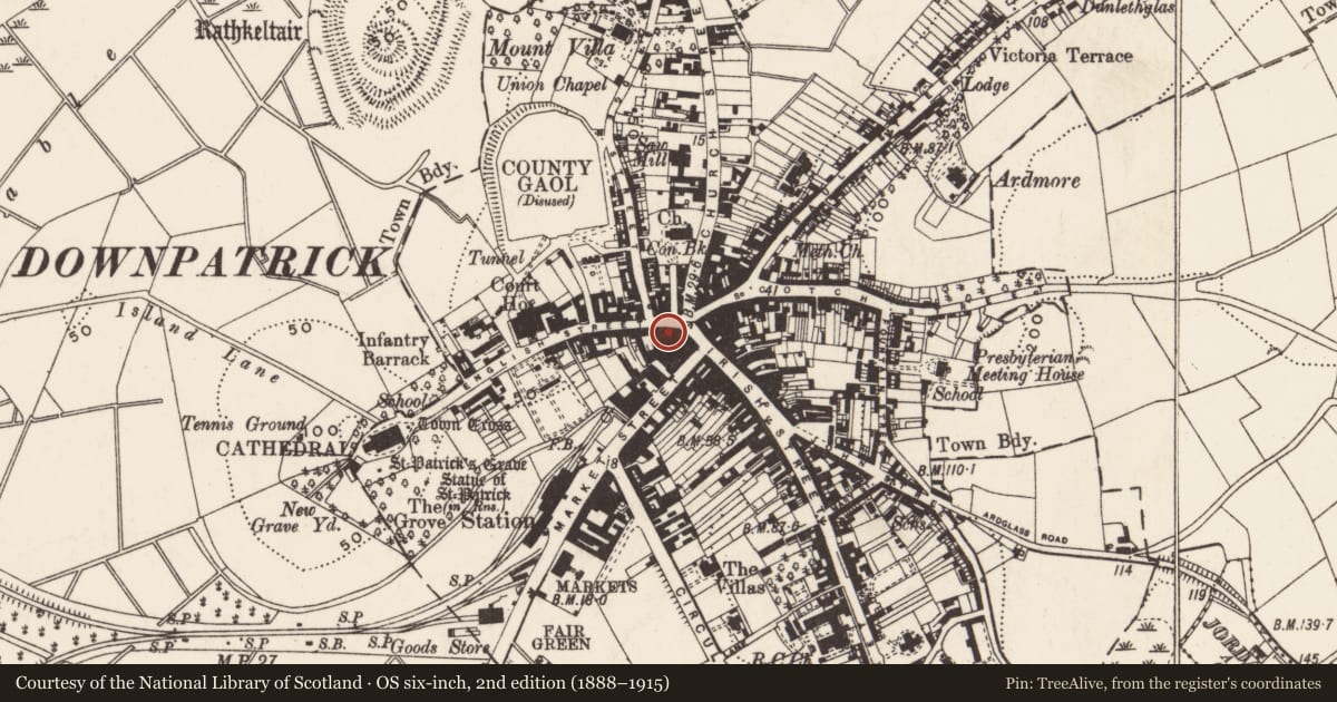 Ordnance Survey six-inch map, 2nd edition (1888–1915) covering the location of 8 English St., Newry, Mourne and Down, with a pin at the register's coordinates