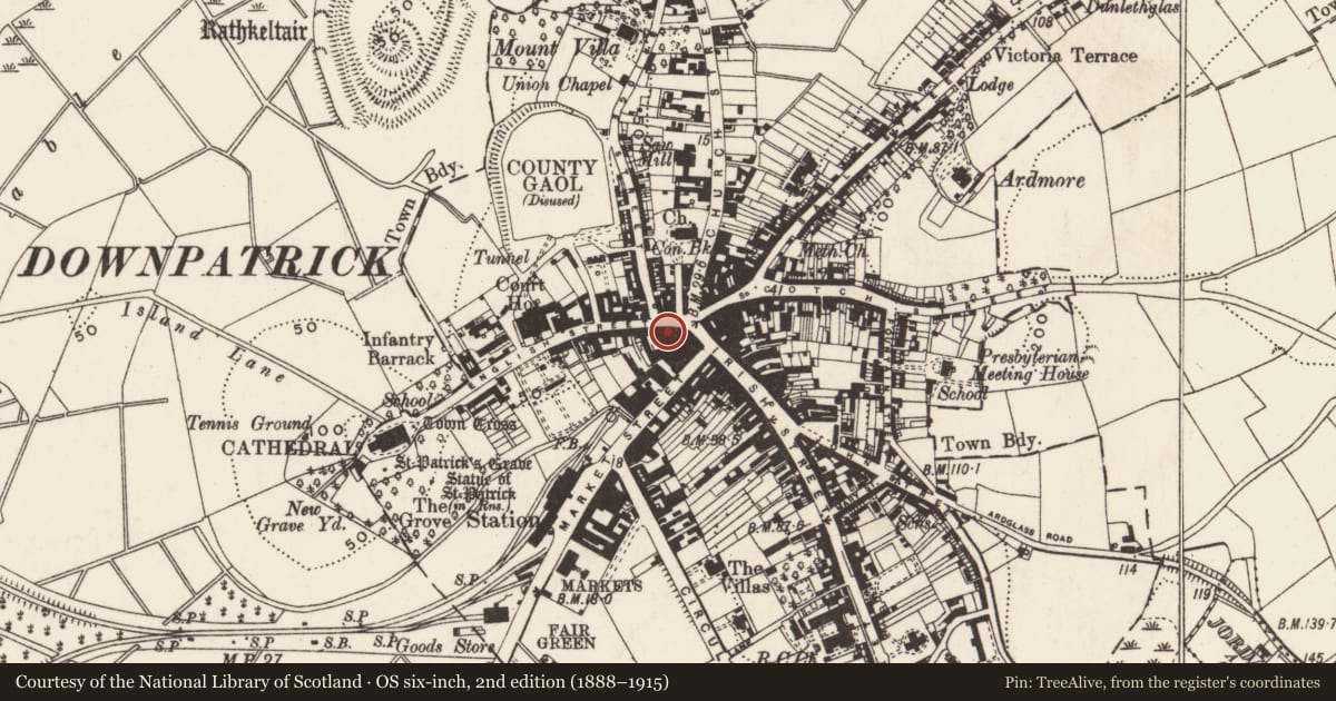 Ordnance Survey six-inch map, 2nd edition (1888–1915) covering the location of 10 English St., Newry, Mourne and Down, with a pin at the register's coordinates