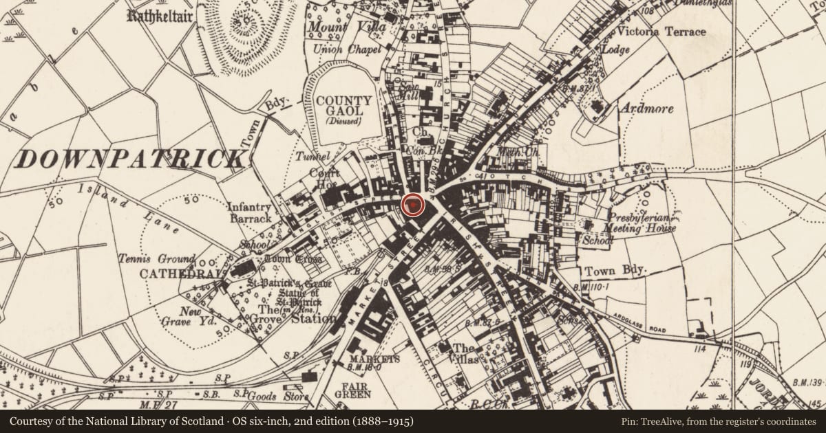 Ordnance Survey six-inch map, 2nd edition (1888–1915) covering the location of 12 English St., Newry, Mourne and Down, with a pin at the register's coordinates