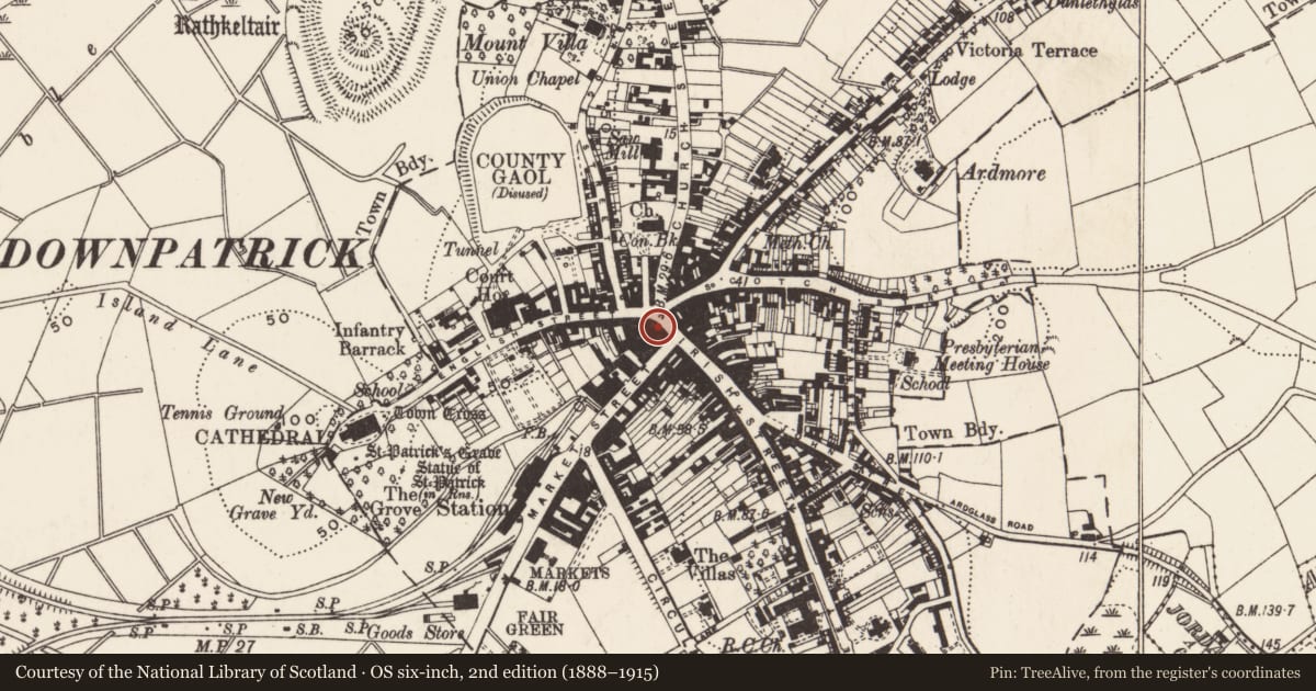 Ordnance Survey six-inch map, 2nd edition (1888–1915) covering the location of 1 Irish St., Newry, Mourne and Down, with a pin at the register's coordinates