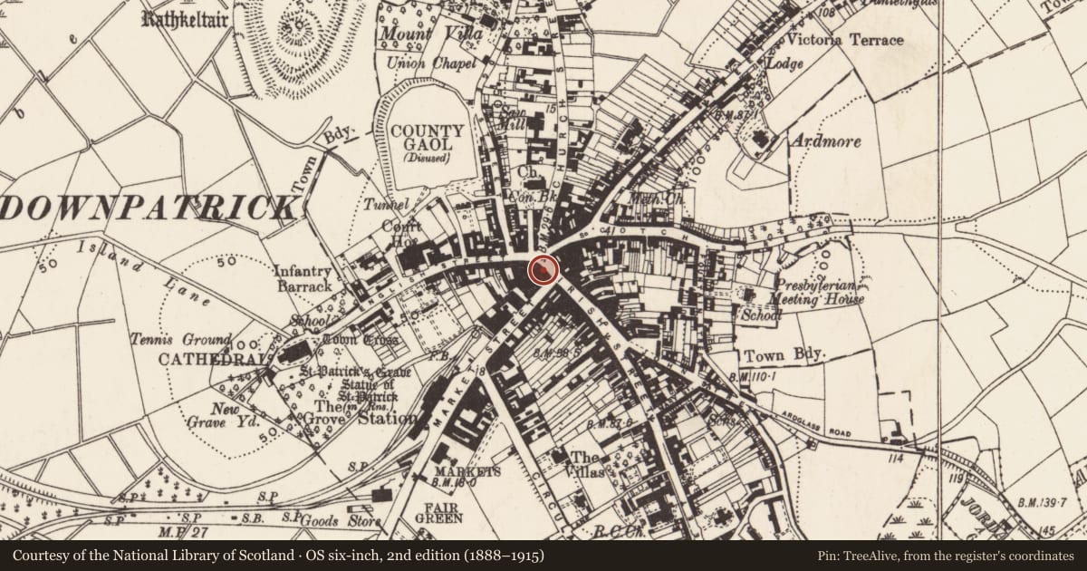 Ordnance Survey six-inch map, 2nd edition (1888–1915) covering the location of 3 Irish St., Newry, Mourne and Down, with a pin at the register's coordinates