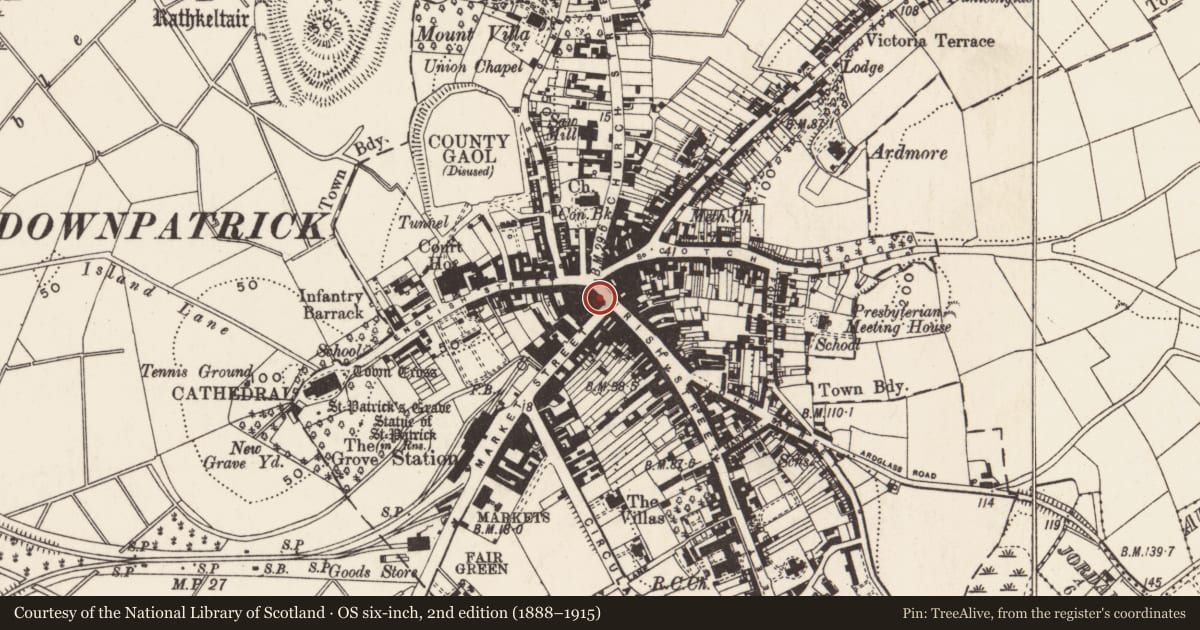 Ordnance Survey six-inch map, 2nd edition (1888–1915) covering the location of 5 Irish St., Newry, Mourne and Down, with a pin at the register's coordinates