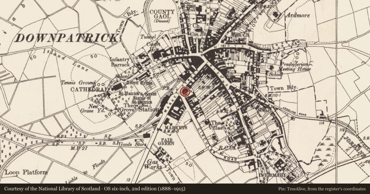 Ordnance Survey six-inch map, 2nd edition (1888–1915) covering the location of Northern Bank, Newry, Mourne and Down, with a pin at the register's coordinates