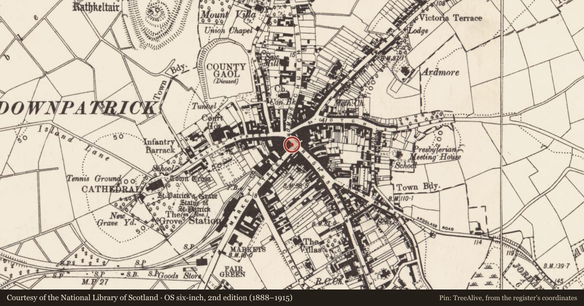Ordnance Survey six-inch map, 2nd edition (1888–1915) covering the location of 7 Irish Street, Downpatrick, Newry, Mourne and Down, with a pin at the register's coordinates