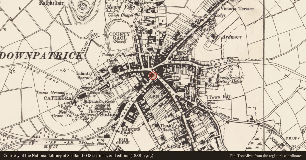 Ordnance Survey six-inch map, 2nd edition (1888–1915) covering the location of 1-3 Market Street and 7 Irish Street, Russell's Quarter, Newry, Mourne and Down, with a pin at the register's coordinates