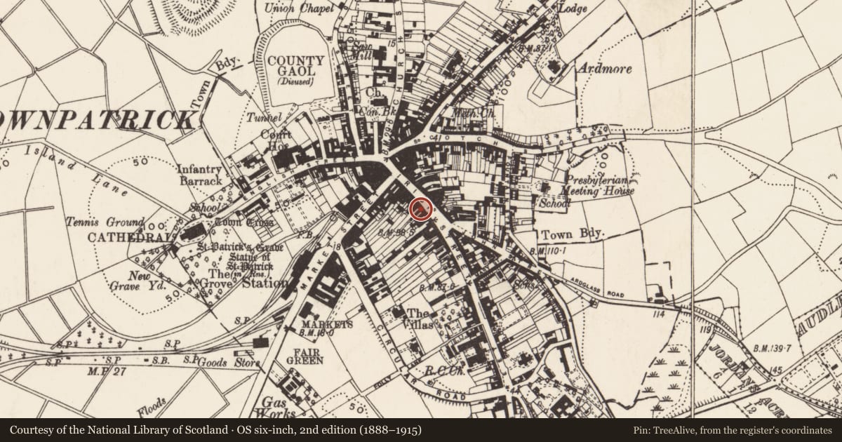 Ordnance Survey six-inch map, 2nd edition (1888–1915) covering the location of 35 Irish Street, Demense of Down, Newry, Mourne and Down, with a pin at the register's coordinates
