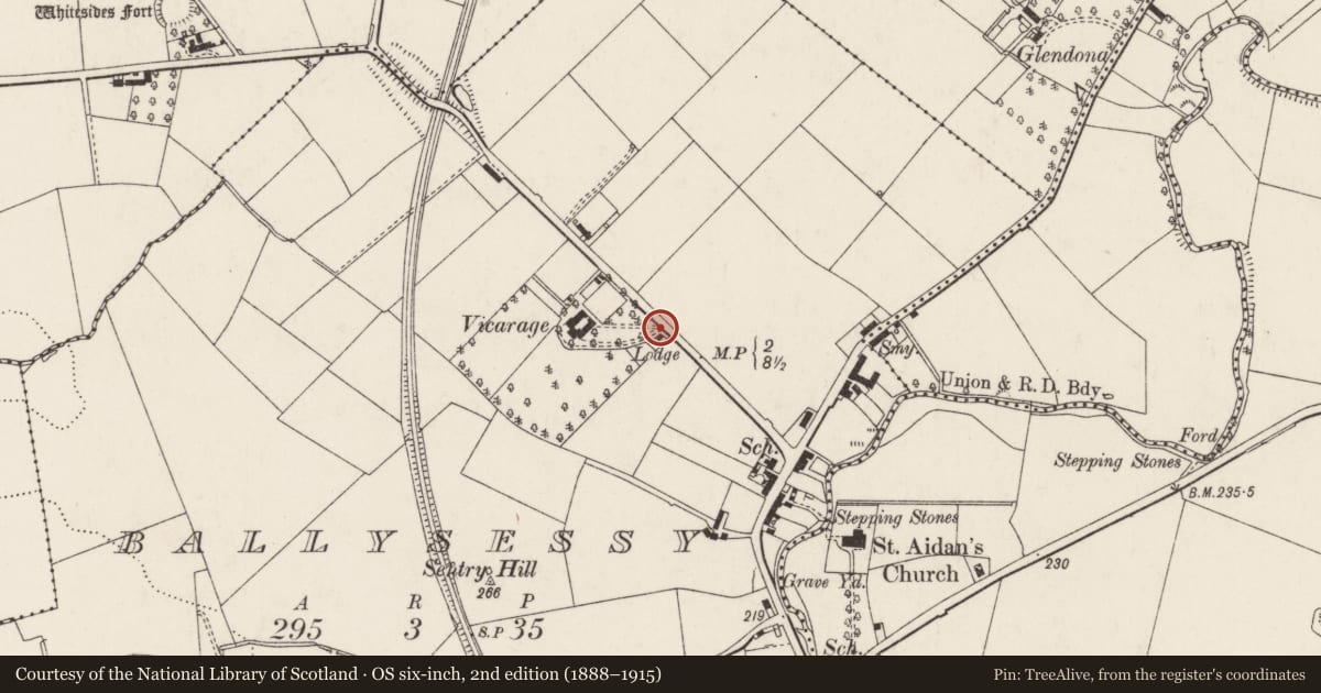 Ordnance Survey six-inch map, 2nd edition (1888–1915) covering the location of Former Vicarage Lodge, Lisburn and Castlereagh, with a pin at the register's coordinates
