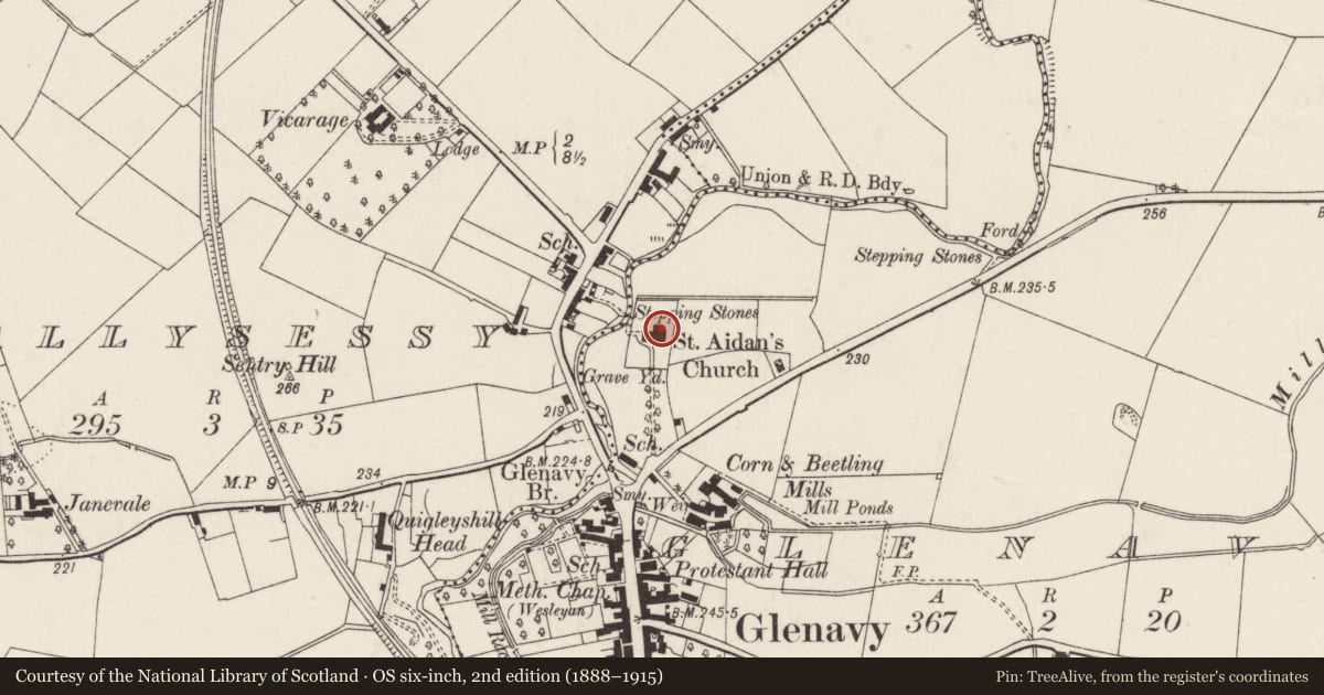 Ordnance Survey six-inch map, 2nd edition (1888–1915) covering the location of St. Aidan's Church of Ireland Church, Glenavy, Lisburn and Castlereagh, with a pin at the register's coordinates