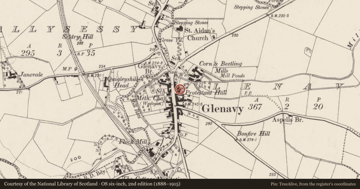Ordnance Survey six-inch map, 2nd edition (1888–1915) covering the location of Protestant Hall, Glenavy, Lisburn and Castlereagh, with a pin at the register's coordinates