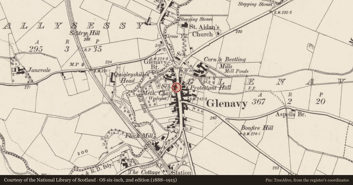 Ordnance Survey six-inch map, 2nd edition (1888–1915) covering the location of Glenavy Methodist Church, Lisburn and Castlereagh, with a pin at the register's coordinates