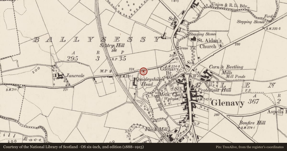 Ordnance Survey six-inch map, 2nd edition (1888–1915) covering the location of Demolished Building, Glenavy, Lisburn and Castlereagh, with a pin at the register's coordinates
