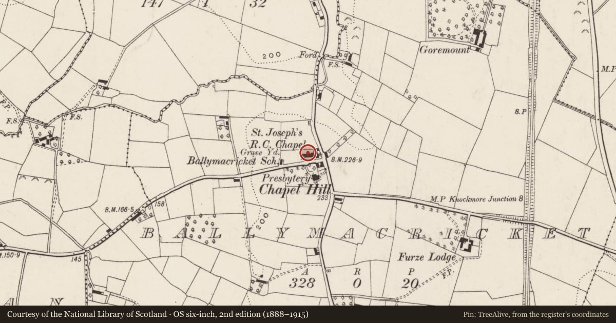 Ordnance Survey six-inch map, 2nd edition (1888–1915) covering the location of St. Joseph's Roman Catholic Church, Ballymacricket, Lisburn and Castlereagh, with a pin at the register's coordinates