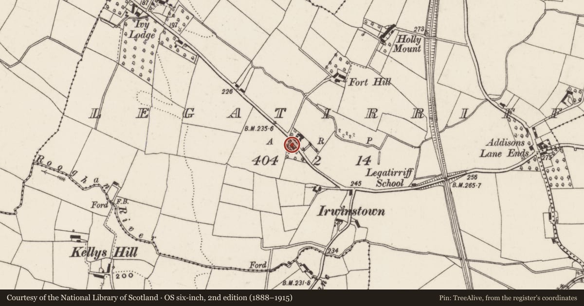 Ordnance Survey six-inch map, 2nd edition (1888–1915) covering the location of Legatirriff House, Lisburn and Castlereagh, with a pin at the register's coordinates