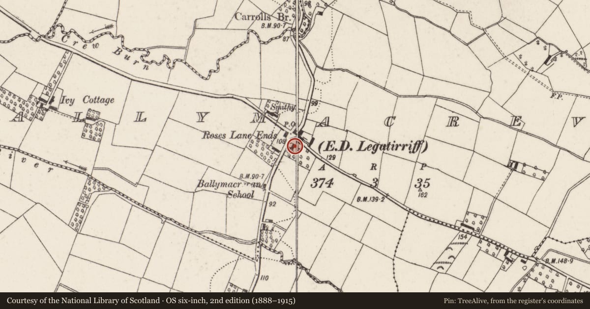 Ordnance Survey six-inch map, 2nd edition (1888–1915) covering the location of OAKLEIGH, Lisburn and Castlereagh, with a pin at the register's coordinates