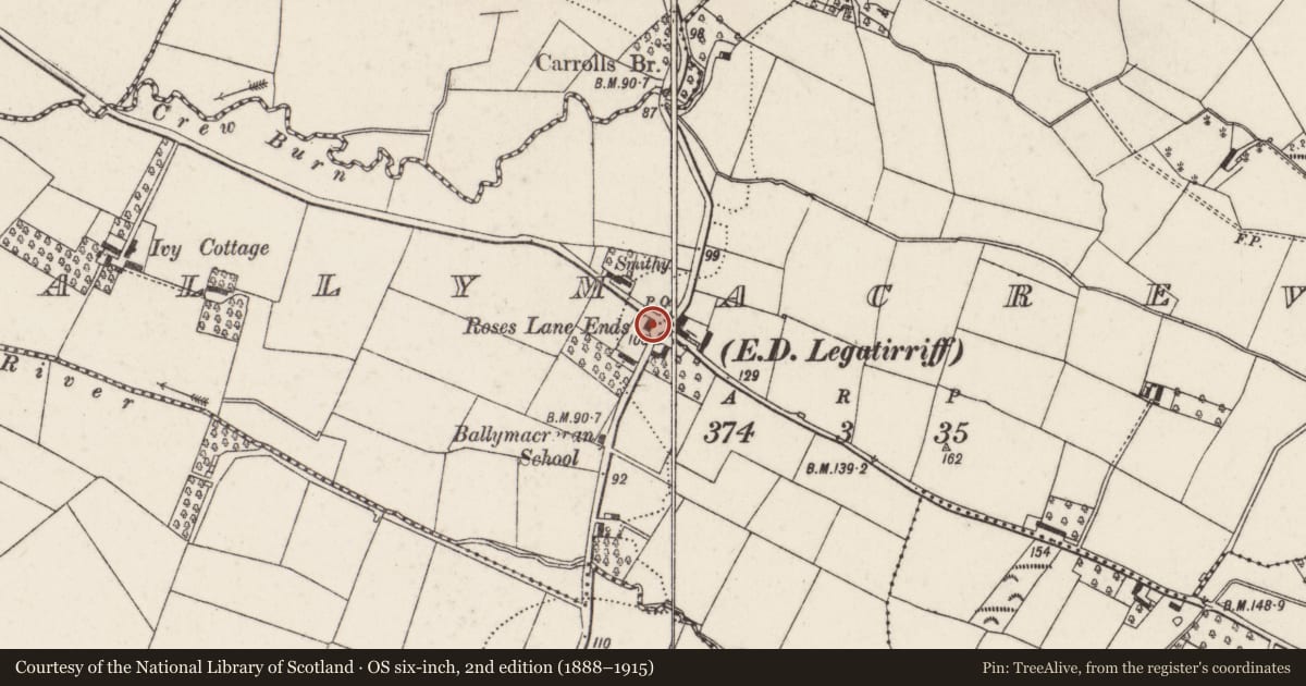 Ordnance Survey six-inch map, 2nd edition (1888–1915) covering the location of Roses Lane Ends Former Post Office, Ballymacrevan, Lisburn and Castlereagh, with a pin at the register's coordinates