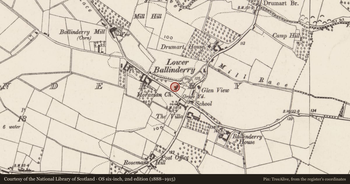 Ordnance Survey six-inch map, 2nd edition (1888–1915) covering the location of Ballinderry Moravian Church, Lisburn and Castlereagh, with a pin at the register's coordinates