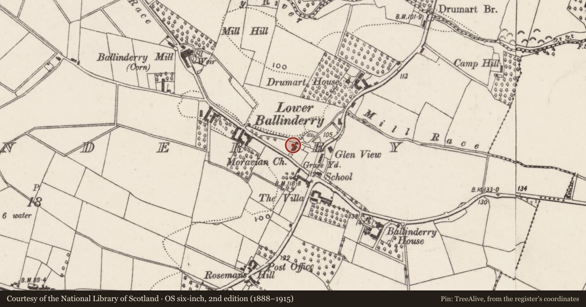 Ordnance Survey six-inch map, 2nd edition (1888–1915) covering the location of Moravian Manse, Ballinderry, Lisburn and Castlereagh, with a pin at the register's coordinates