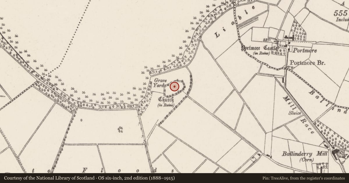 Ordnance Survey six-inch map, 2nd edition (1888–1915) covering the location of Ruined Church and Graveyard, Lisburn and Castlereagh, with a pin at the register's coordinates