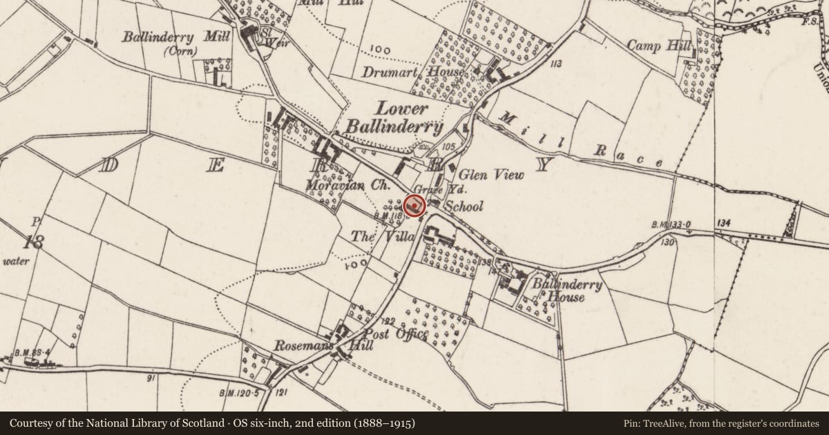 Ordnance Survey six-inch map, 2nd edition (1888–1915) covering the location of 1A AND 1B Portmore Road, Ballinderry, Lisburn and Castlereagh, with a pin at the register's coordinates