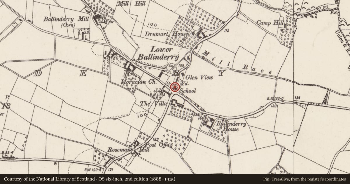 Ordnance Survey six-inch map, 2nd edition (1888–1915) covering the location of Lower Ballinderry Primary School, Lisburn and Castlereagh, with a pin at the register's coordinates