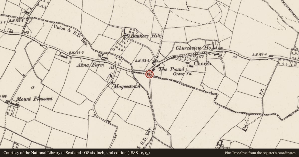 Ordnance Survey six-inch map, 2nd edition (1888–1915) covering the location of Ballinderry River Bridge, Ballykelly/Cluntirriff, Lisburn and Castlereagh, with a pin at the register's coordinates